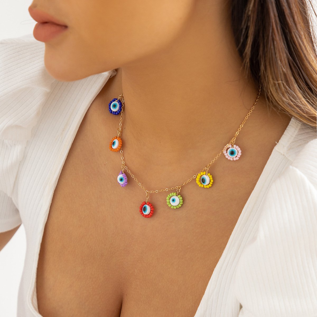 Jewelry Creative Beaded Rice Bead Tassel Eye Pendant Necklace Simple Acrylic Geometric Necklace