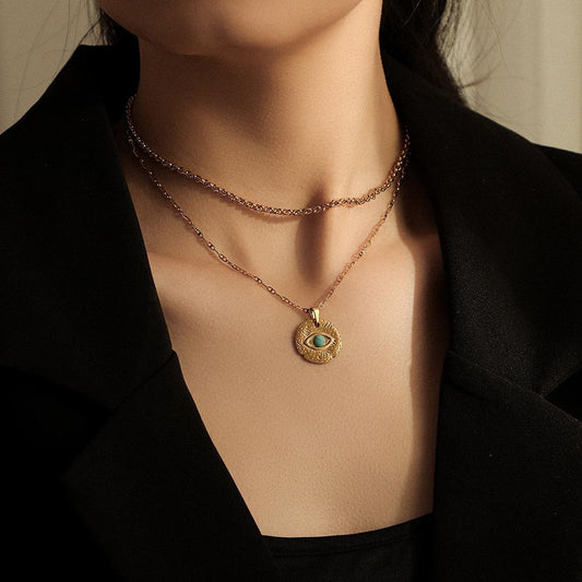 Ins niche personality stainless steel double-layer necklace temperament collarbone chain coin inlaid turquoise pendant