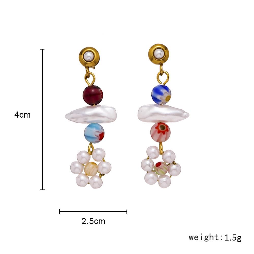 Ethnic Fashion Personality Stainless Steel Baroque Small Flower Earrings Titanium Steel Temperament Beaded Pearl Earrings Jewelry Women