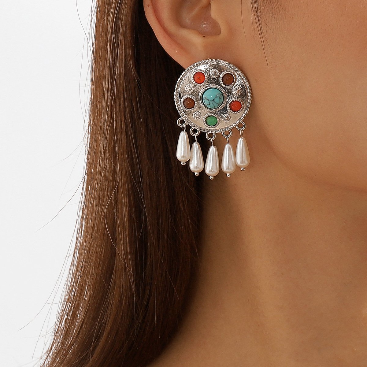 E1146 Retro Medieval Pearl Temperament Earrings Baroque French Retro Resin Gemstone Earrings