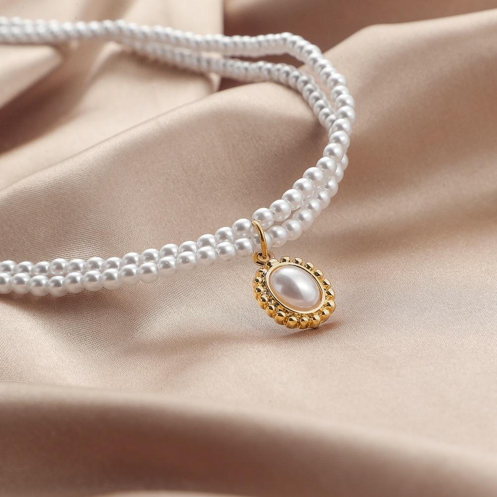 French retro pearl temperament double layer necklace fashion sun flower inlaid pearl pendant clavicle chain female jewelry