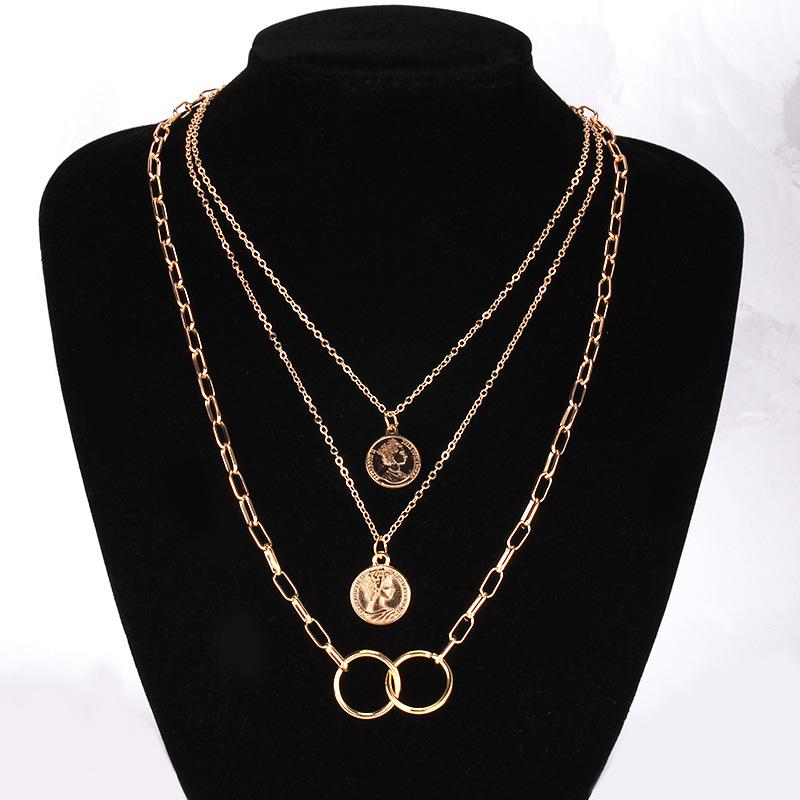 Decorated with multi-layered ring pendant necklace female ins cold beauty head pendant clavicle chain