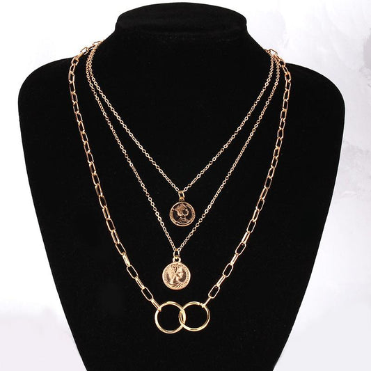 Decorated with multi-layered ring pendant necklace female ins cold beauty head pendant clavicle chain