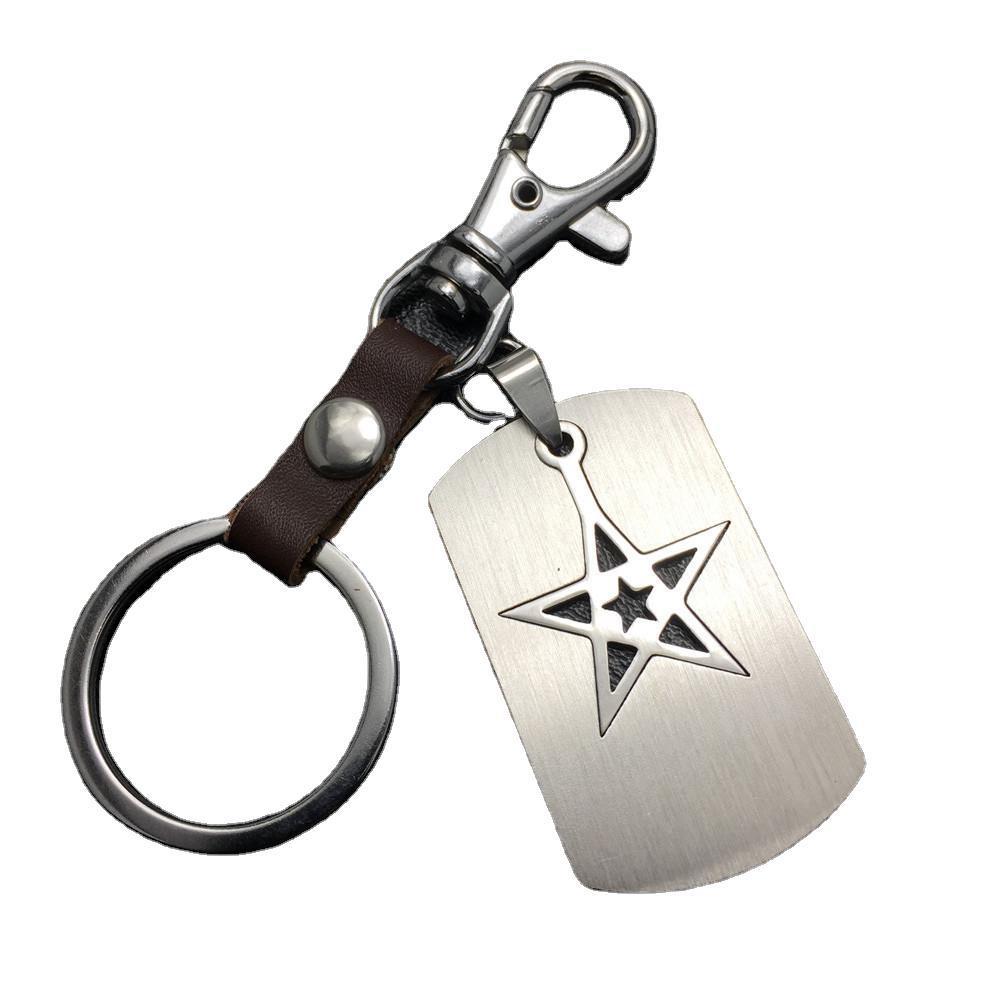 Five-pointed star double-layer titanium steel cowhide key chain stainless steel pendant men's waist hanging ladies bag pendant