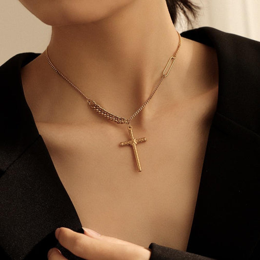 Retro Fashion Stainless Steel Cross Pendant Necklace Simple Color Retaining Metal Thick and Thin Chain Clavicle Chain