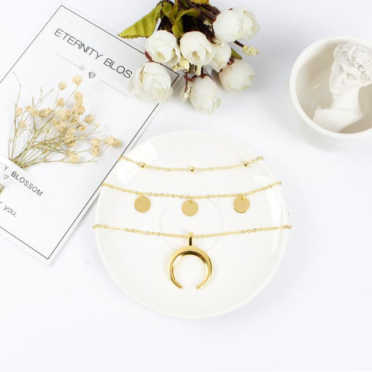 Fashion Jewelry Fashion Horn Circle Pendant Multilayer Bead Necklace For Women