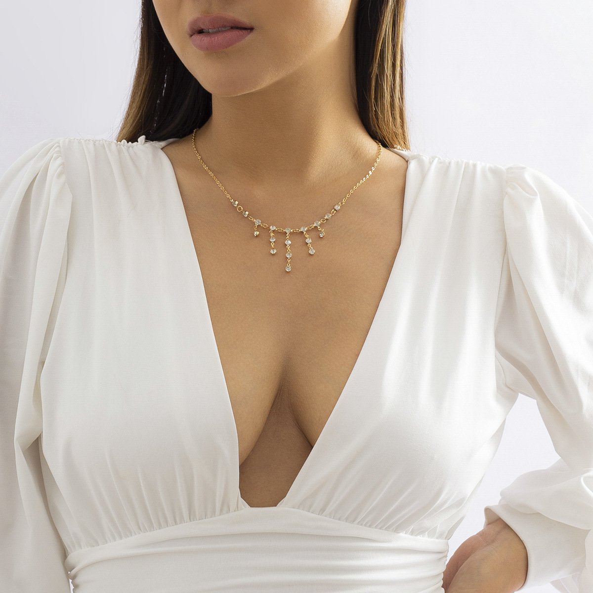 Jewelry Temperament Versatile Geometric Chain Necklace Simple Imitation Crystal Tassel Pendant Necklace Women