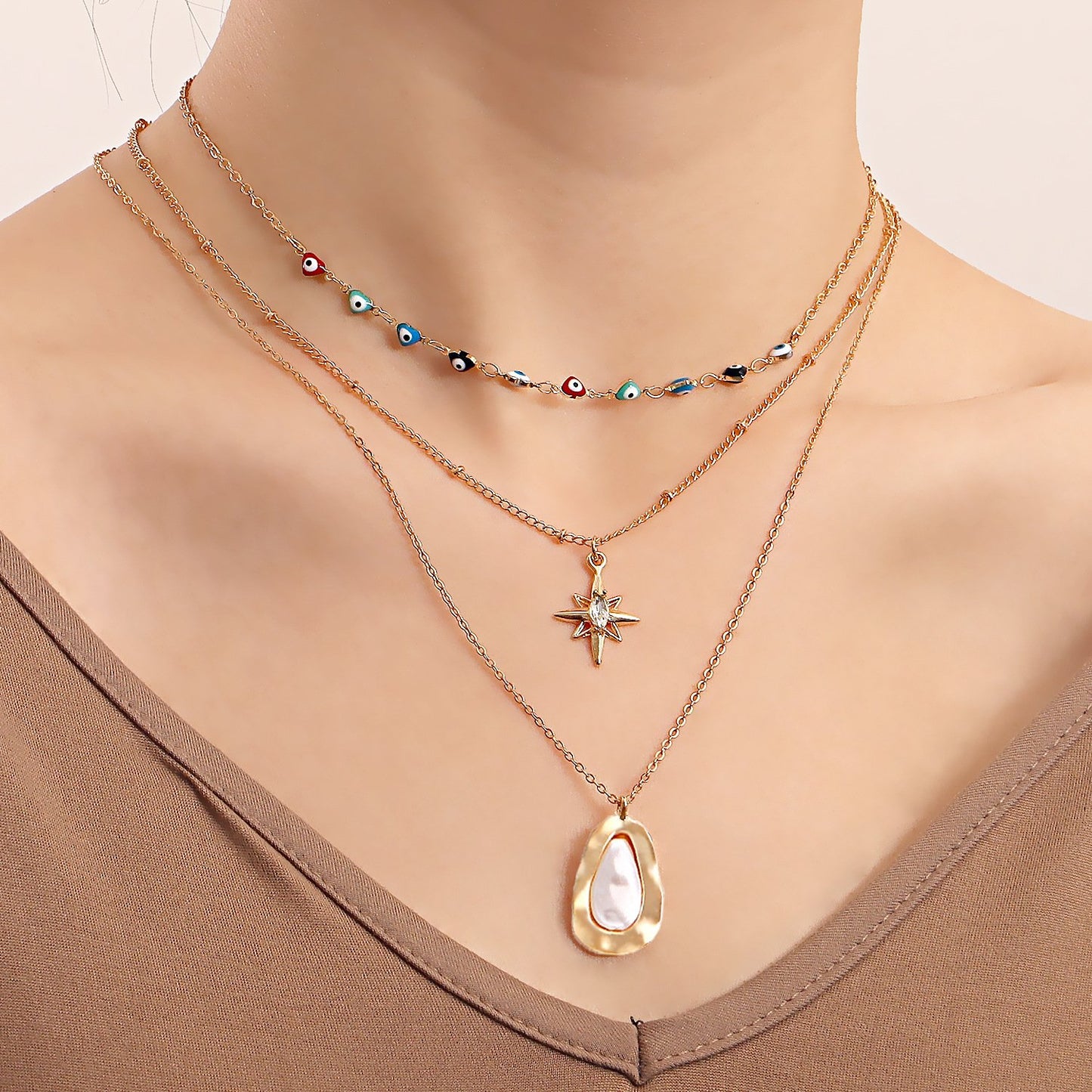 Jewelry fashion love devil's eye hexagram special-shaped pearl necklace female ins niche design