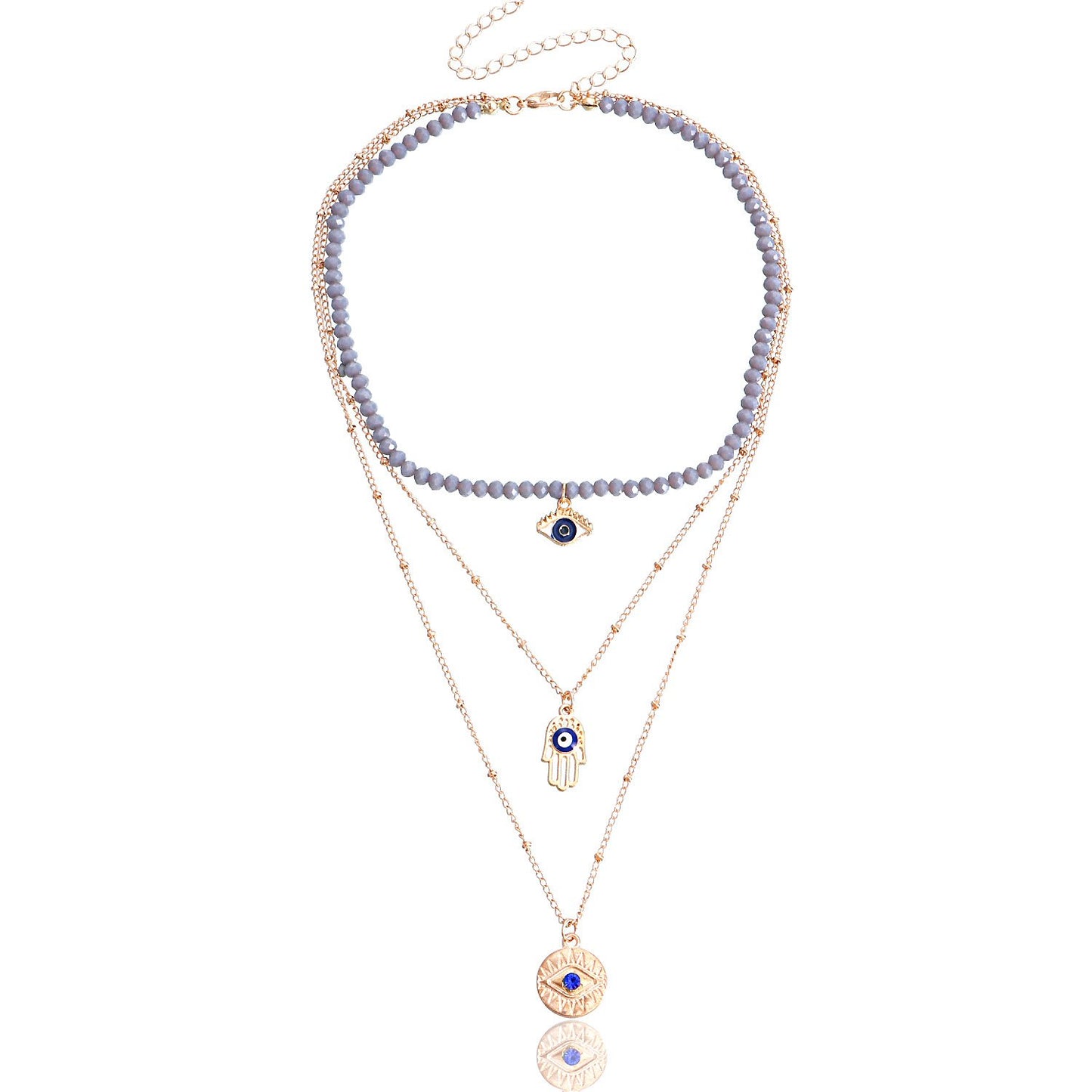 Jewelry trend multi-layer gray rhinestone blue devil's eye pendant necklace female personality necklace