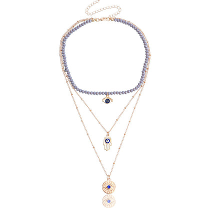 Jewelry trend multi-layer gray rhinestone blue devil's eye pendant necklace female personality necklace