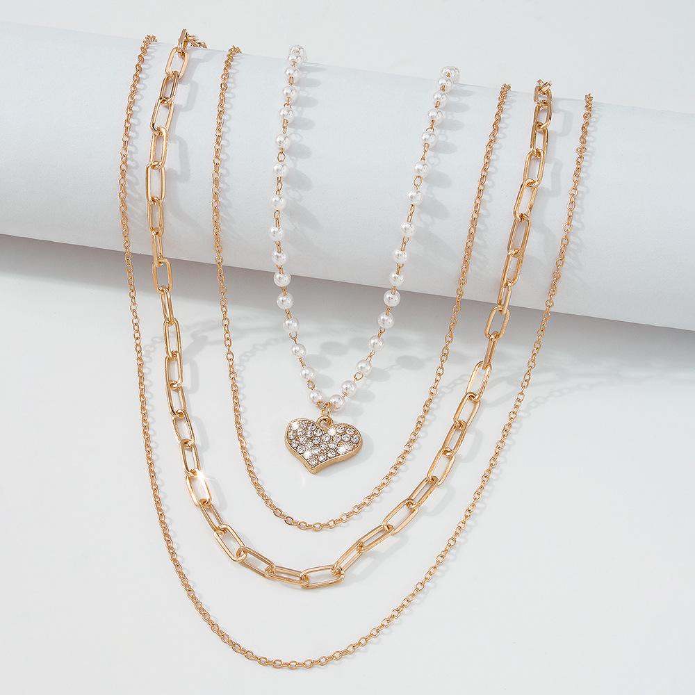 N9685 Fashionable Pearl Necklace Women's Geometric Heart Diamond Multilayer Necklace Personality Simple Street Shot Necklace