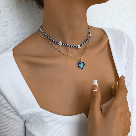 N9535 Double Layer Clavicle Necklace Drip Oil Heart Beads Flower Candy Color Necklace Geometric Creative Necklace
