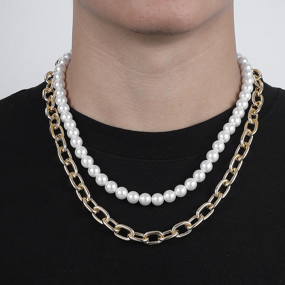 Gold Cross Chain Tassel Double Layer Pearl Necklace Fashion Independent Packaging Men's Jewelry