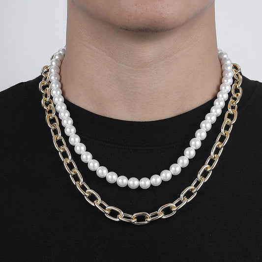 Gold Cross Chain Tassel Double Layer Pearl Necklace Fashion Independent Packaging Men's Jewelry