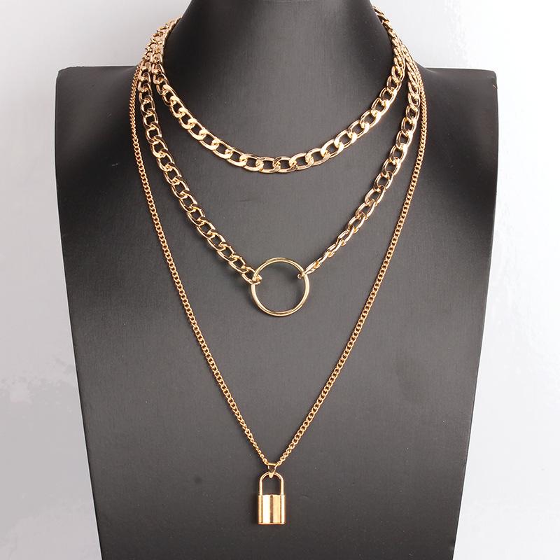 Big-name street shooting popular fashion metal lock pendant multi-layer women's necklace Amazon ring jewelry female