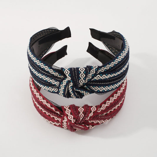 F4744 Ethnic personality color contrast embroidery knotted headband vacation fashion wide-brimmed retro simple girl headband