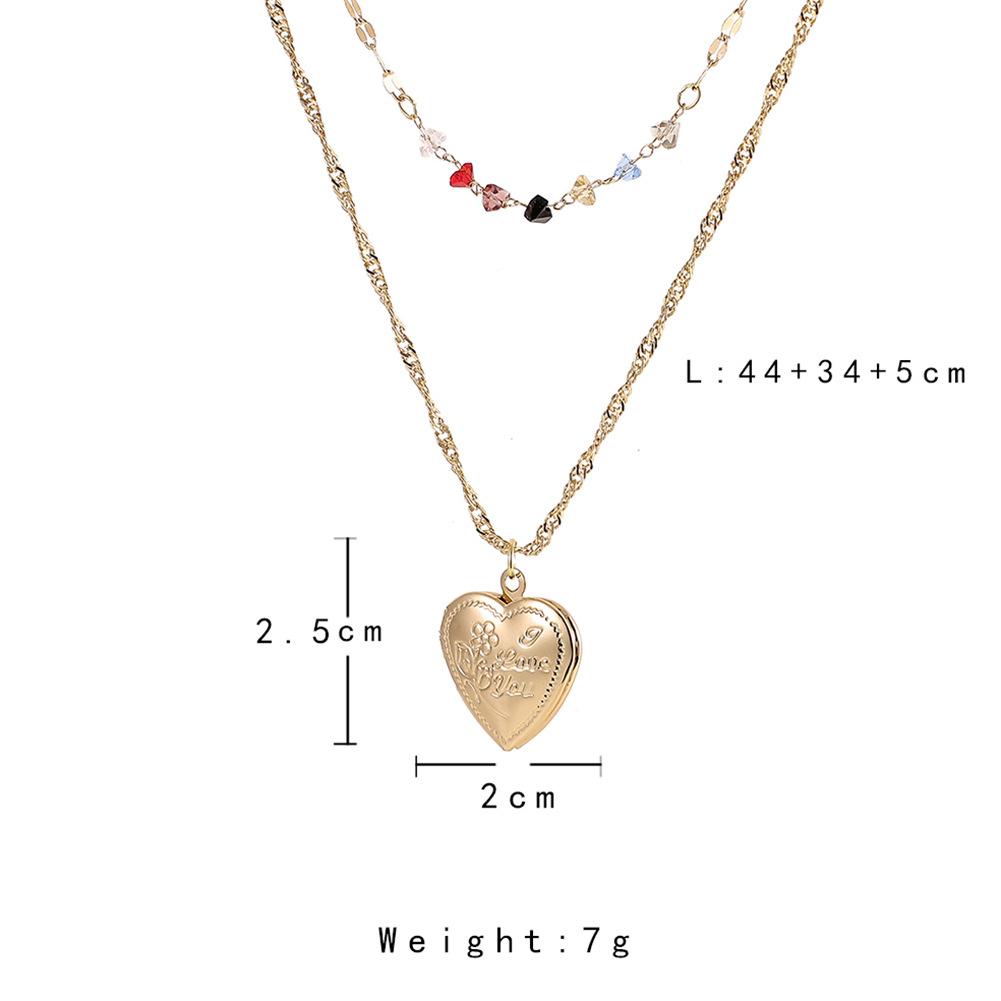 Love Color Diamond Clavicle Necklace Creative Rose Fashion Metal Peach Heart Combination Double Stacked Necklace
