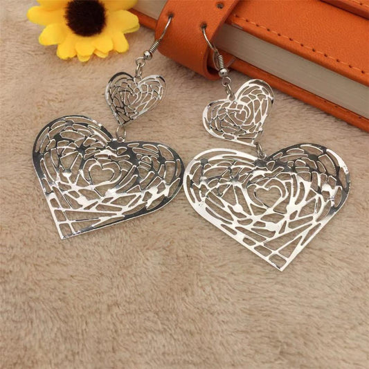 Retro exaggerated earrings size love heart double hollow girl heart earrings Indian earrings