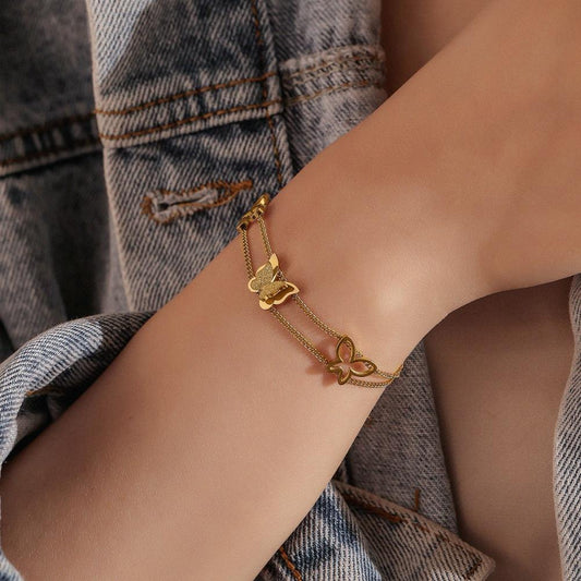 Stainless steel gold double-layer butterfly hollow bracelet anklet niche light luxury design sense of simple hand jewelry