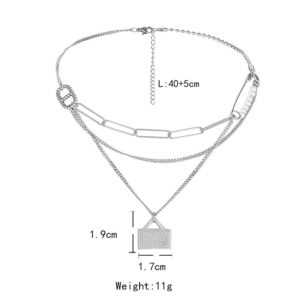 Fashion simple personality stainless steel multi-layer brooch pearl envelope pendant lettering clavicle chain titanium steel necklace