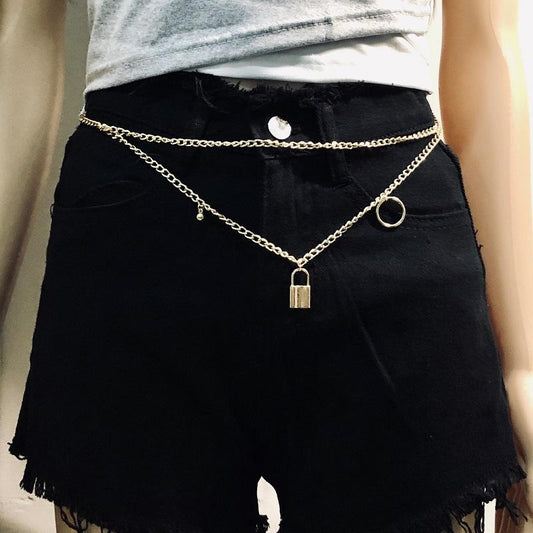 Lock Ring Waist Chain Multilayer Bead Pendant Body Chain Women Retro Sexy Punk Metal Waist Chain