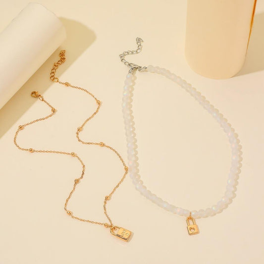Jewelry Temperament Minor Frosted Crystal Beads Clavicle Necklace Creative Double Layered Love Lock Necklace