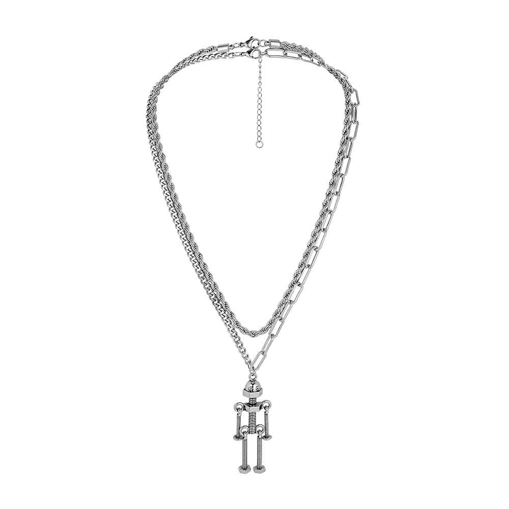 Simple design double-layer hip-hop twist chain screw style robot splicing men's necklace stacked