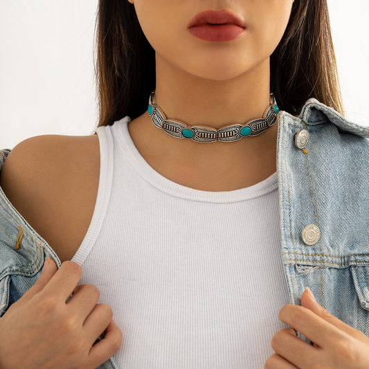 Jewelry Ethnic Punk Faceplate Chain Necklace Necklace Retro Pattern Oval Turquoise Necklace Female
