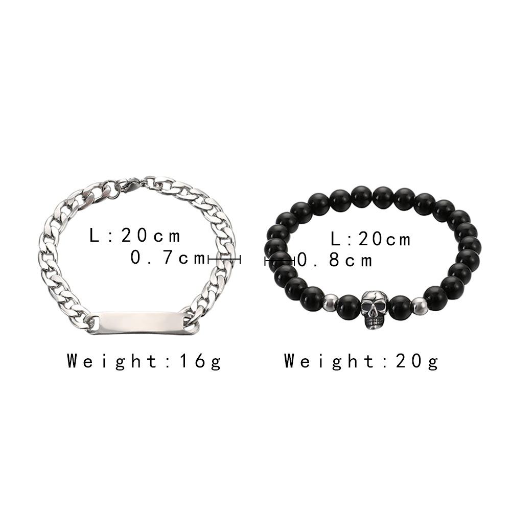 Fashion Simple Personality Domineering Niche Stainless Steel Square Brand Skull Black Bead Bracelet Set Men