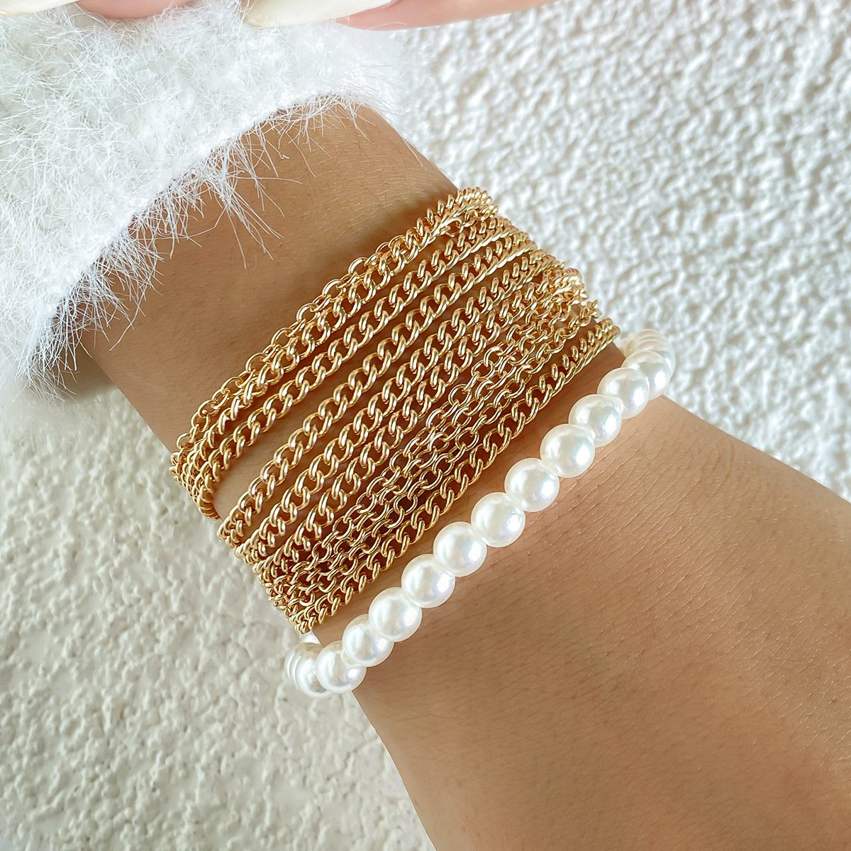 Jewelry hip-hop fashion metal thin chain multi-layer bracelet retro imitation pearl beaded jewelry female