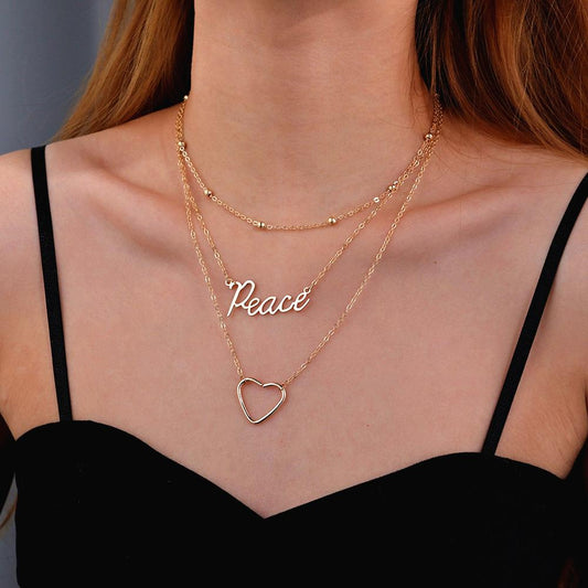 Fashionable English letter Peace peach heart pendant necklace multi-layer chain collarbone necklace accessories