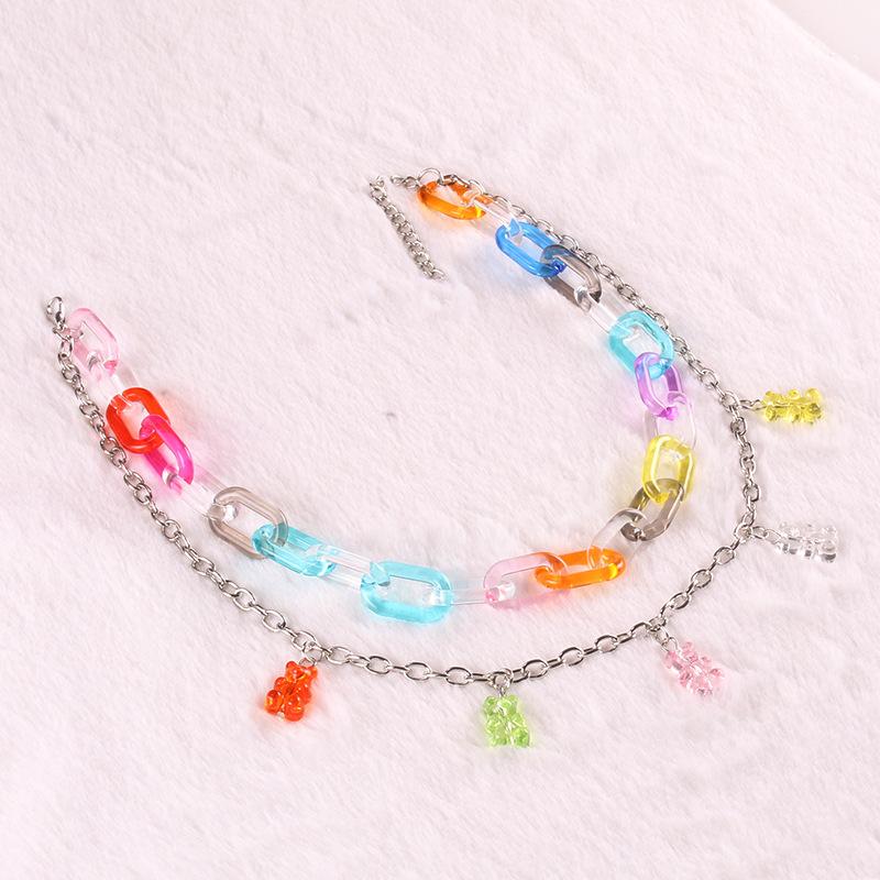 Ins sweet color candy color bear tassel necklace fashion girl multi-layer exaggerated necklace collarbone chain