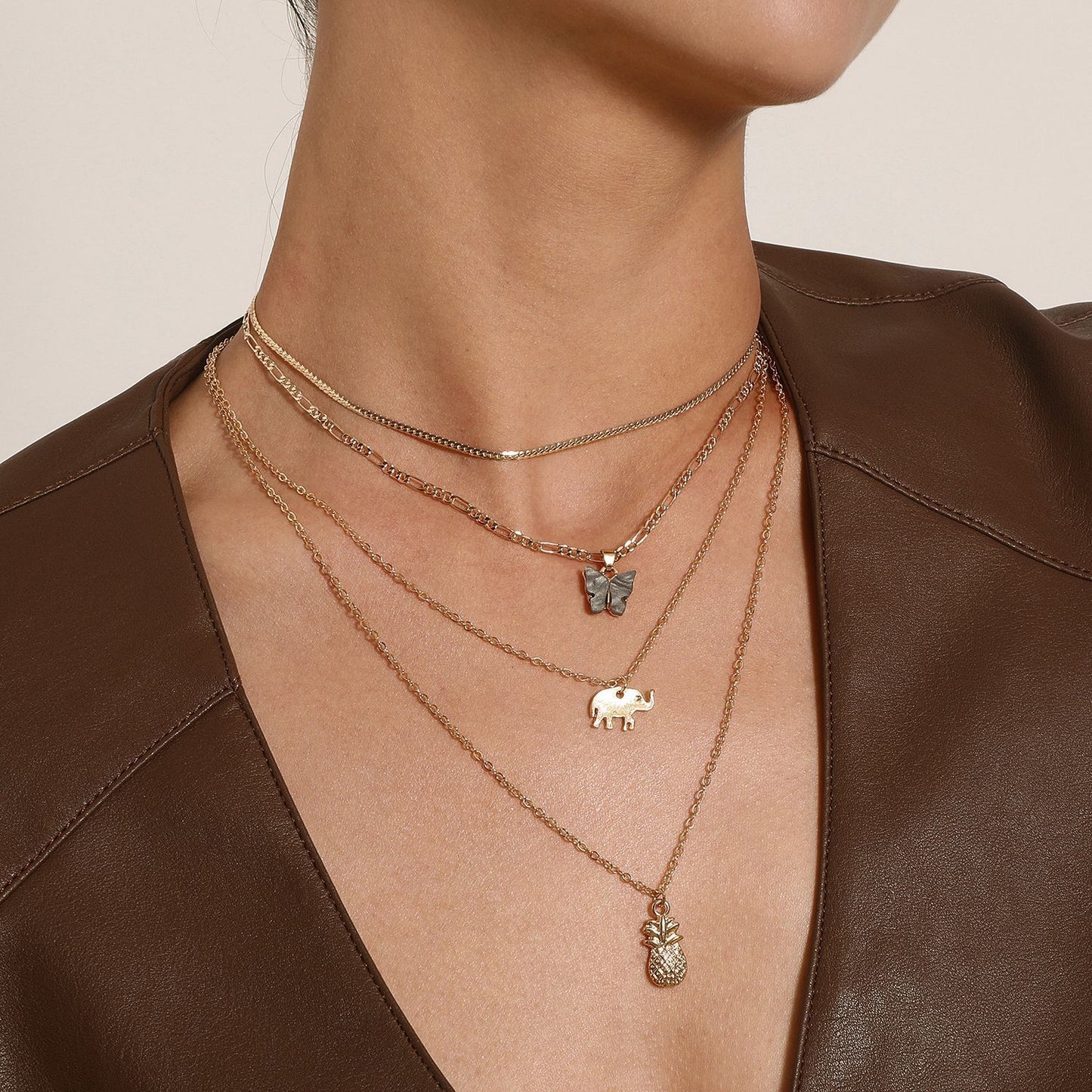 Jewelry Elephant Pineapple Black Butterfly Pendant Necklace Female Personality Multi-layer Temperament Simple Necklace