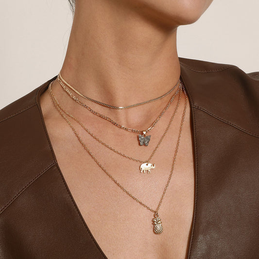 Jewelry Elephant Pineapple Black Butterfly Pendant Necklace Female Personality Multi-layer Temperament Simple Necklace