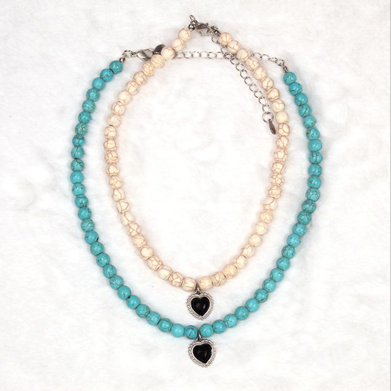 Summer Jewelry Black Agate Heart Pendant Clavicle Bohemian Turquoise Color Preserving Necklace