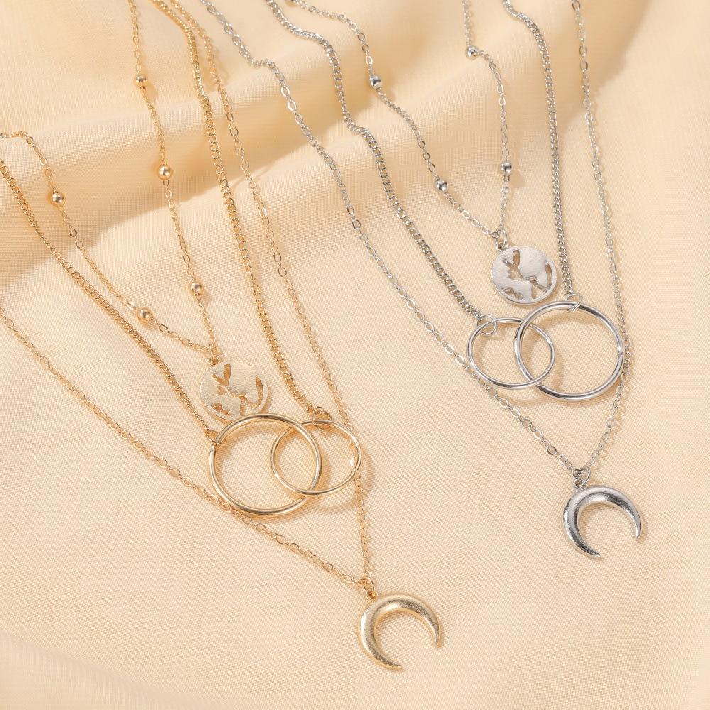 Accessories Fashion Multilayer Metal Map Moon Necklace Three Layer Long Ring Pendant Sweater Chain