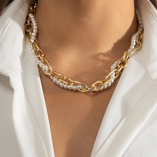 Jewelry Retro Personality Pearl Chain Wrapping Necklace Fashion Simple Geometric Clavicle Necklace Women