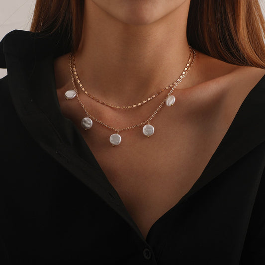 Jewelry Fashion Round Cake Pearl Pendant Necklace Femininity Simple Chain Multilayer Necklace