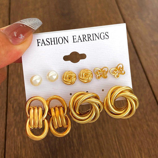 Pearl twist earring set ins fashion personality exaggerated circle geometric earring six-piece set