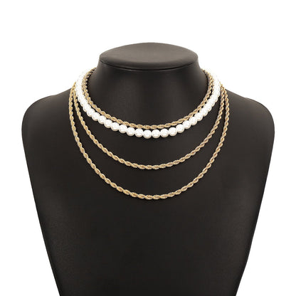 N145 Ethnic Exaggerated Stacked Necklace Pearl Retro Twist Chain Fashion Personality Generous Necklace