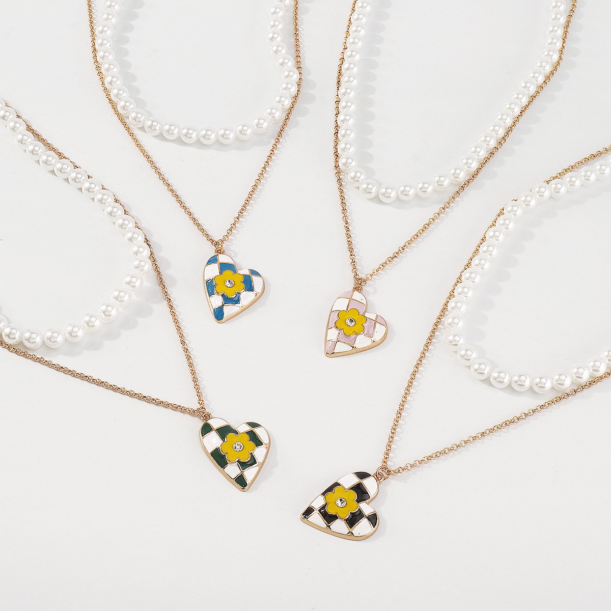 N1436 Personalized pearl stacked double-layer necklace dripping oil love flower slightly inlaid sweet girl necklace