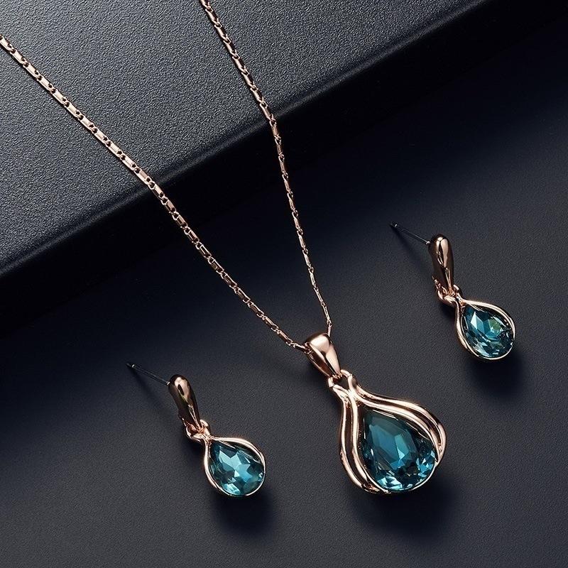 Fashion Women Blue Green Water Drop Shape Necklace Earrings Set Ornament Jewelry