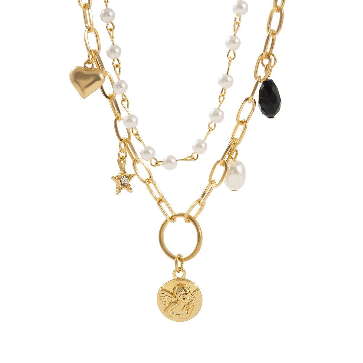 Jewelry hip-hop stacked double-layer imitation pearl necklace niche simple sequin love star necklace