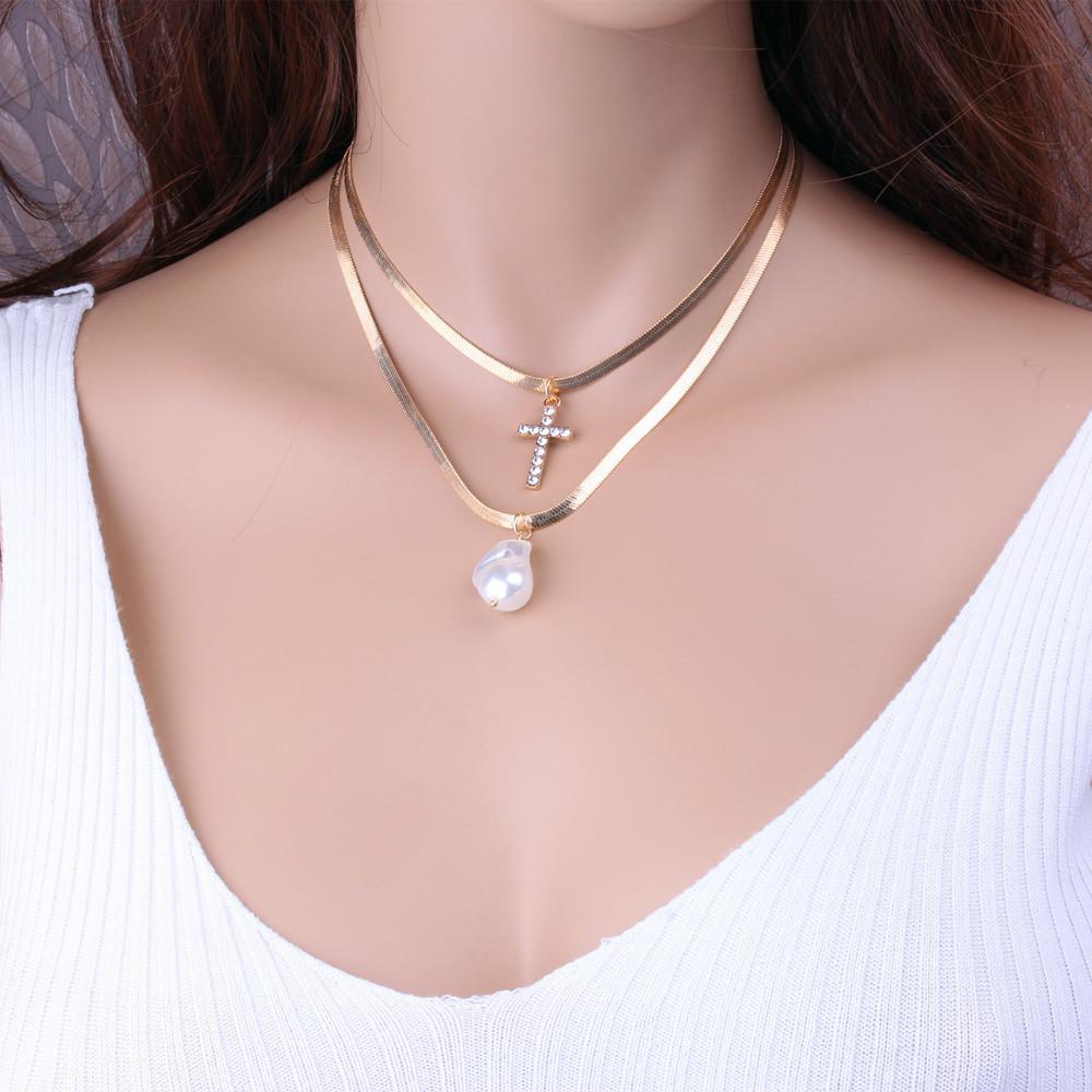 Necklace Jewelry Diamond Cross Shaped Pearl Baroque Copper Snake Chain Multilayer Necklace Clavicle Chain