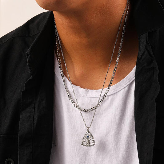 Fashion Simple Personality Men's Double Cuban Chain Triangle Crescent Pendant Trend Necklace