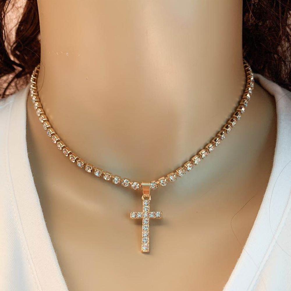 Popular ins minimalist all-match cross rhinestones full of diamonds bm girl cold necklace collarbone chain