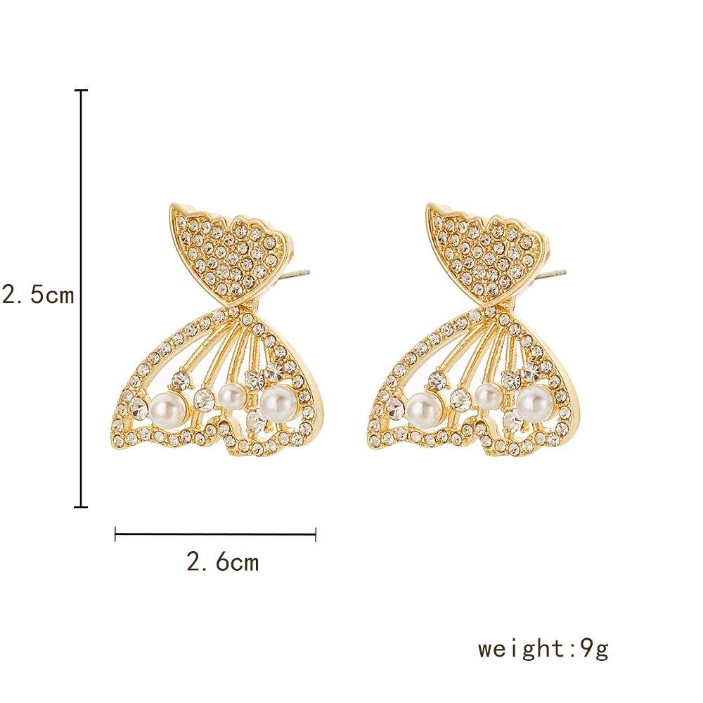 Fashion ol magazine ladies fresh and minimalist atmosphere full of diamonds pearl butterfly wing earrings