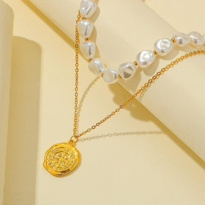 Fashion stainless steel double-layer Roman astrolabe necklace titanium steel pearl collarbone chain cold jewelry for women