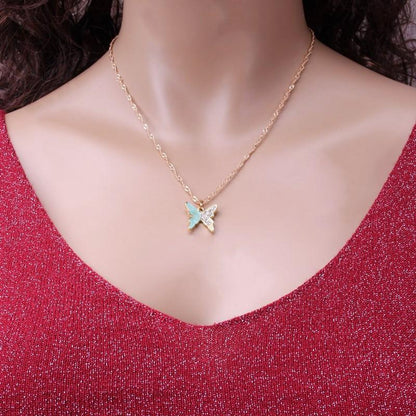 Dongdaemun Temperament Rhinestone Butterfly Necklace Metal Drip Oil Necklace Women's Versatile Necklace Clavicle Chain