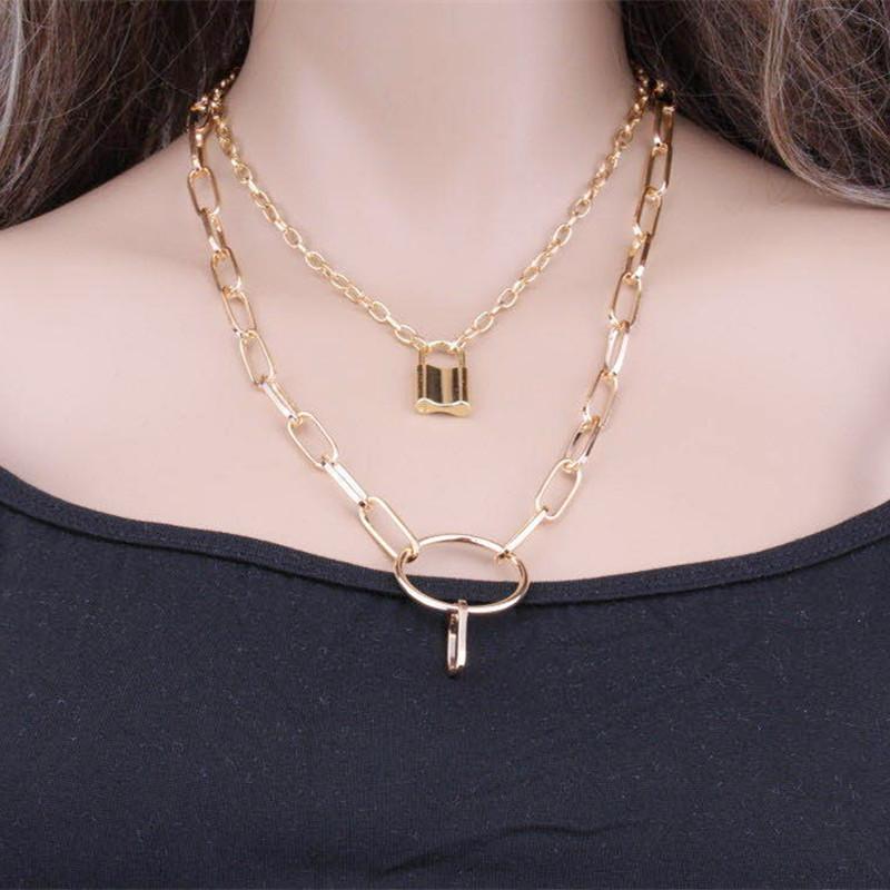 Jewelry Personality Punk Pop Double Layer Necklace Copper Ring Lock Pendant Necklace
